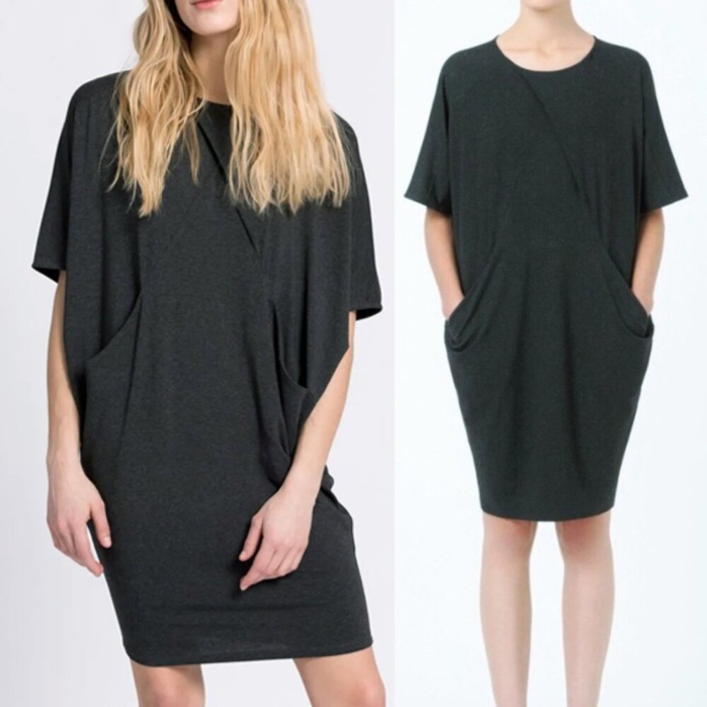 COS Women's M Drapey Batwing Mini Dress Slouchy Lagenlook Pockets Oversized Grey